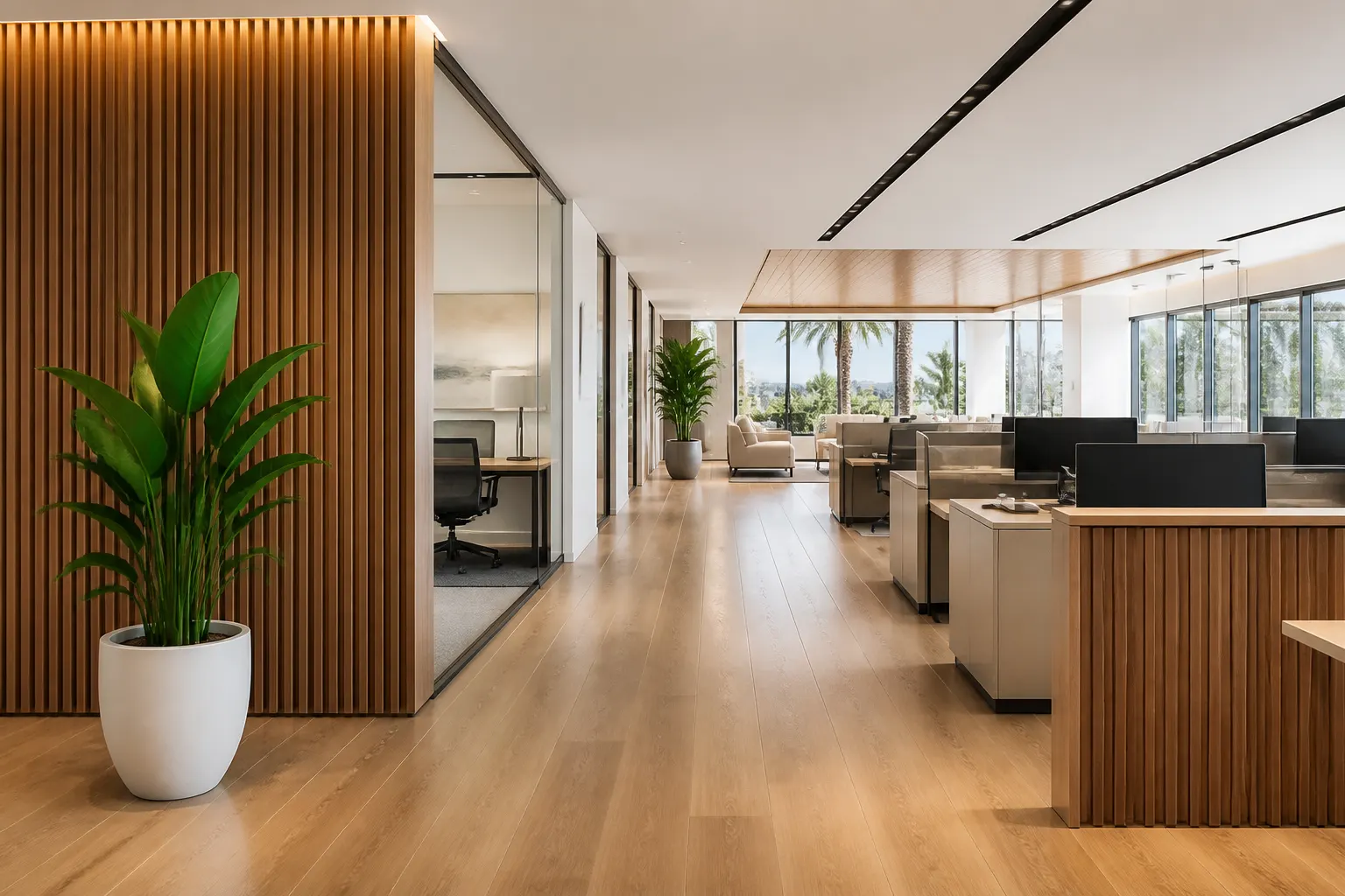 Warm modern office remodeling with wood and glass details